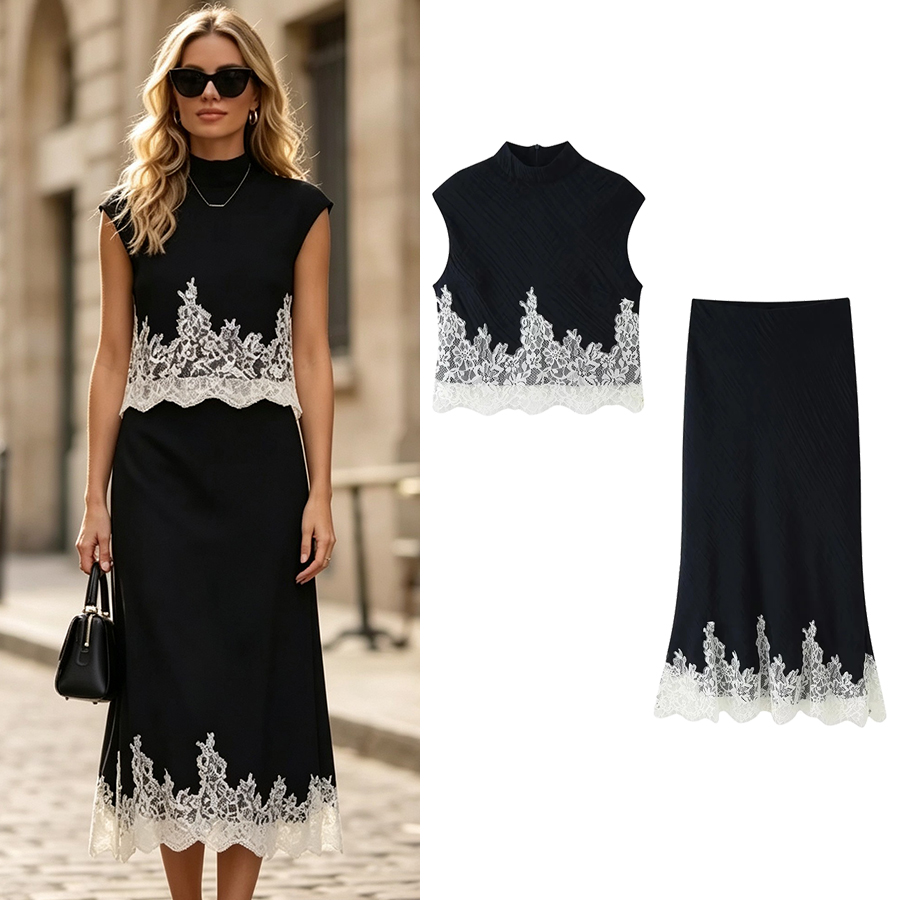 Midi Skirt Floral - Elegantes zweiteiliges Damen-Rock-Set mit weißem Spitzen-Patchwork,