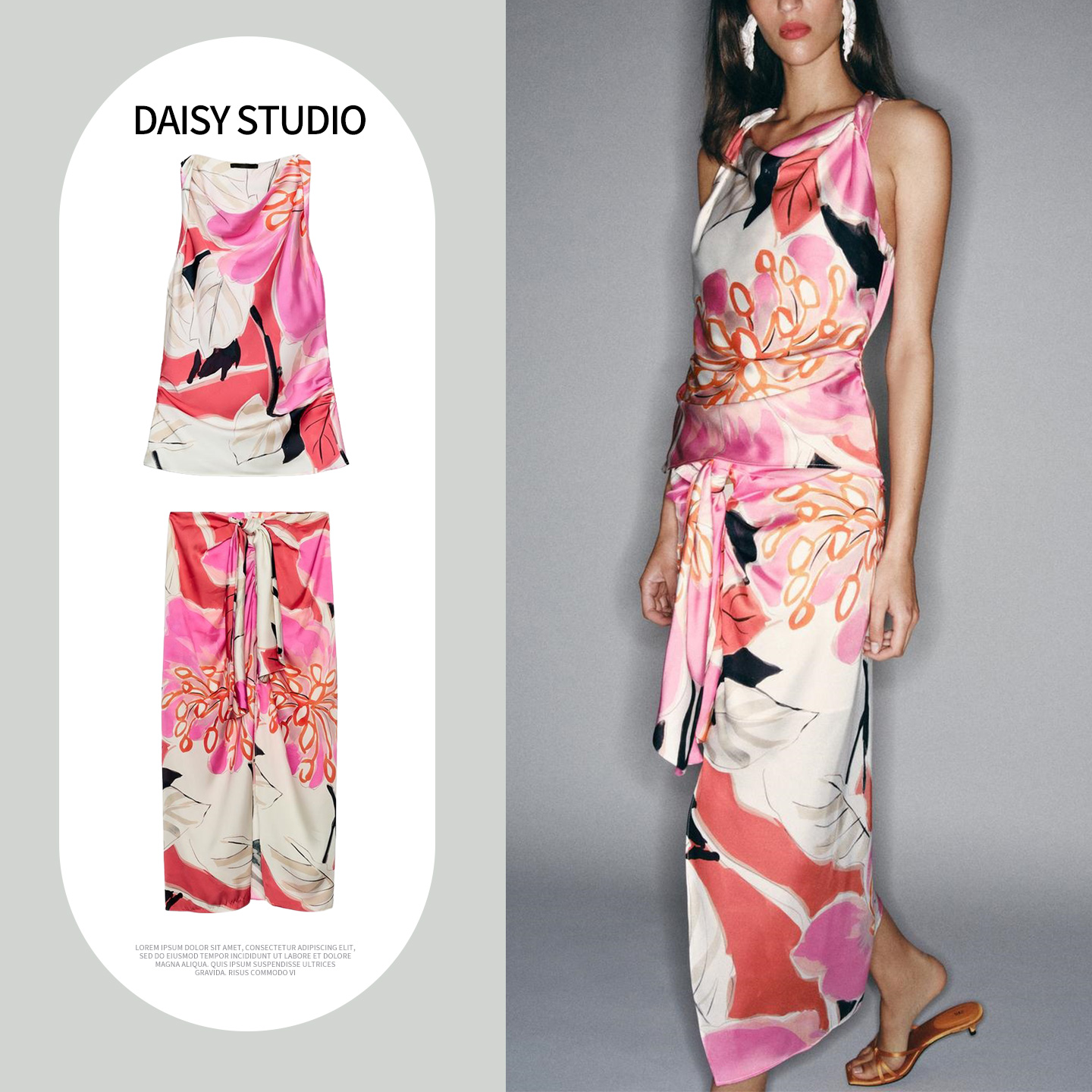 Midi Skirt Floral - Hochgeschnittener Midirock, ärmelloses Kleid mit Rundhalsausschnitt