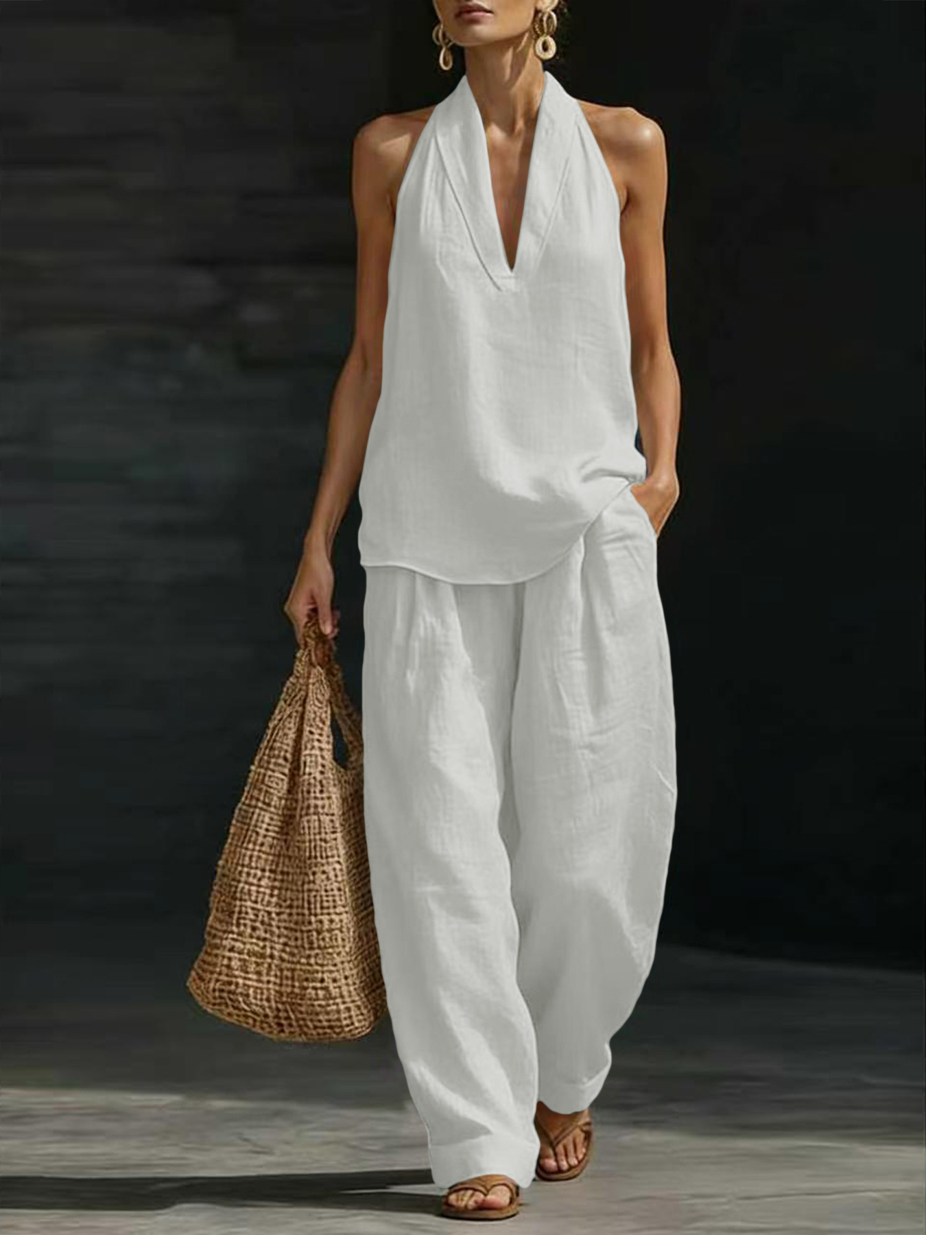 Linen Pant Wide - Damen Leinen 2-Teiliges Outfit Neckholder V-Ausschnitt